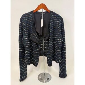 White‎ House Black Market Tweed Moto Jacket Women's Large Blue Black Open Front